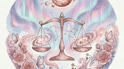 Libra zodiac sign scales of justice with Venus planet swans roses and butterflies in rose gold and lavender cosmic setting