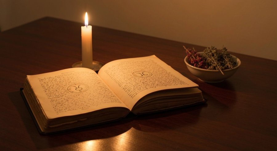 Ancient journal with astrological symbols on wooden desk with herbs and candlelight