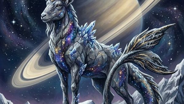 Capricorn woman personality illustration with Saturn and sea-goat constellation in deep purple and gold cosmic mountain setting