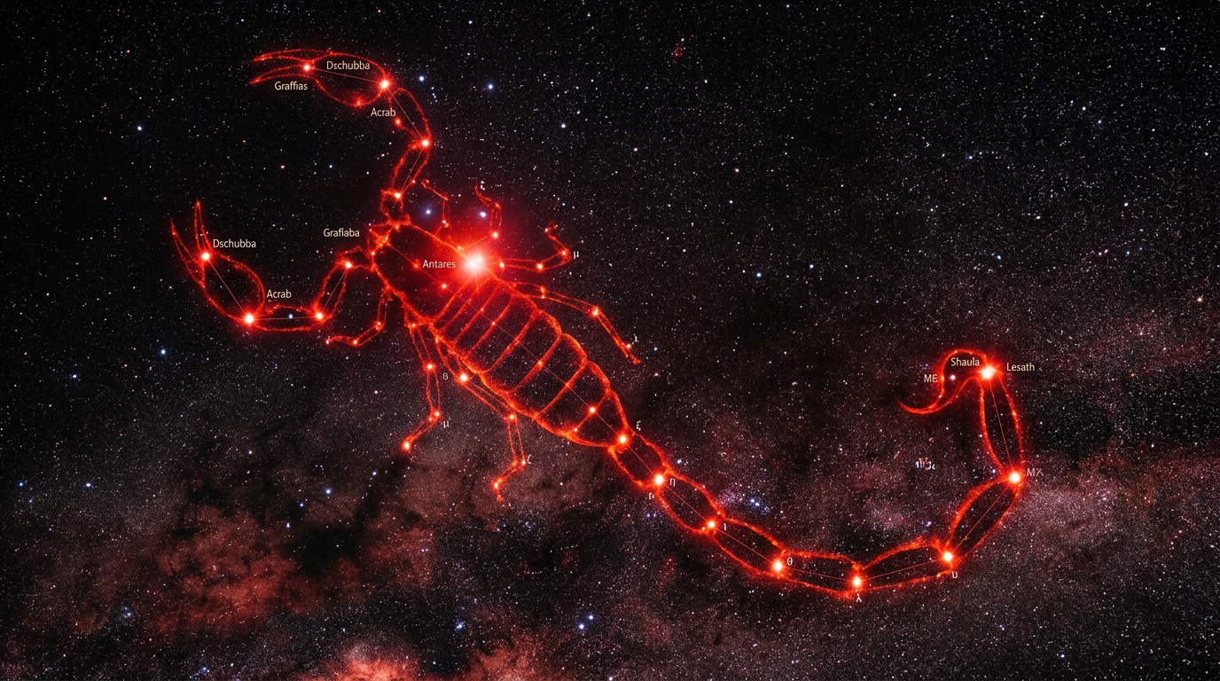 Scorpio man personality — scorpion constellation in deep crimson representing intensity and transformation