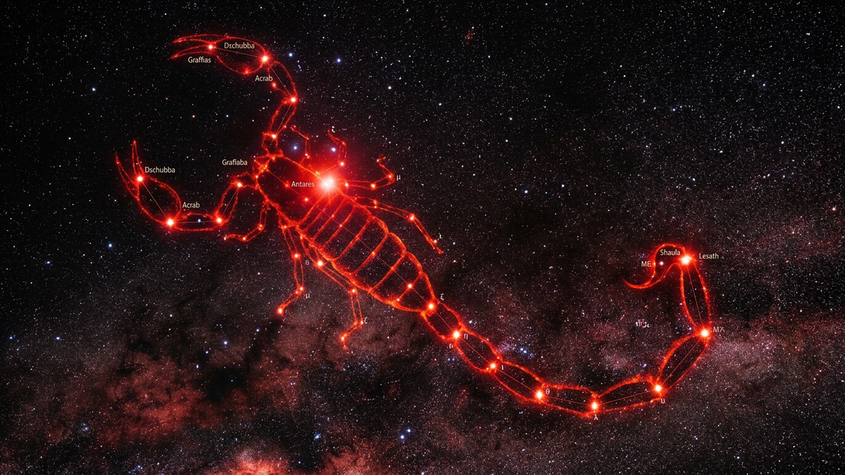 Scorpio man personality — scorpion constellation in deep crimson representing intensity and transformation