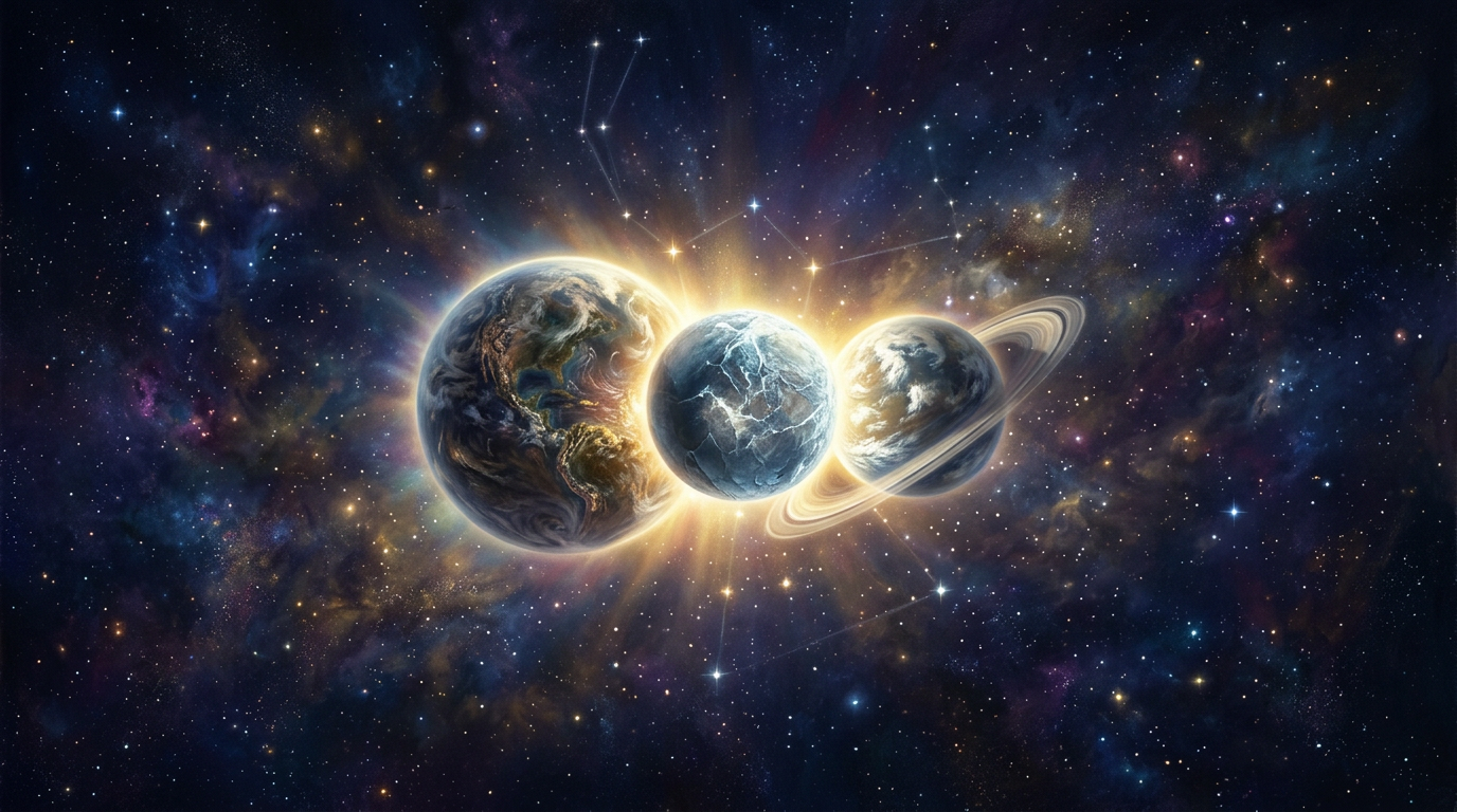 Cosmic illustration of three to four planets clustered together in a single zodiac constellation representing a stellium in the birth chart
