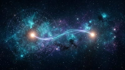 Two distant stars drawn together by a glowing thread across a starfield symbolizing who will i marry in astrology