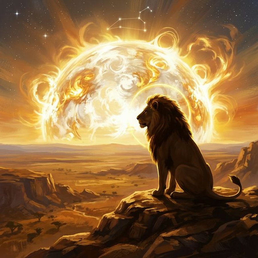 Majestic lion silhouette against blazing sun representing Leo Sun rulership and solar vitality