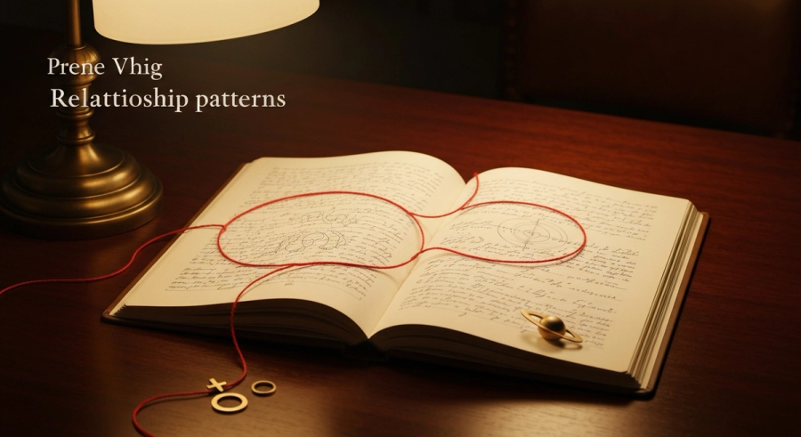 A journal with a looping red thread and celestial symbols on a dark desk