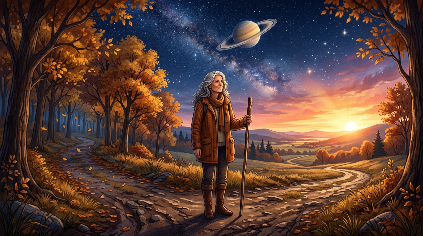 Wise person at a crossroads under starlit sky with Saturn visible representing the second Saturn return life transition