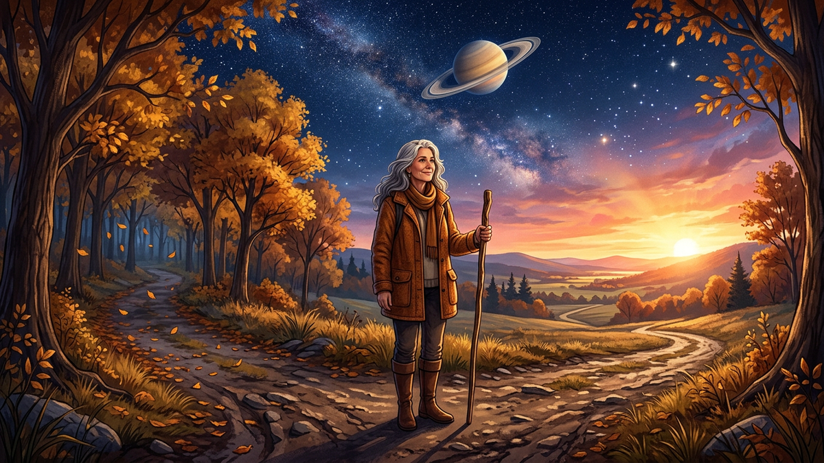 Wise person at a crossroads under starlit sky with Saturn visible representing the second Saturn return life transition