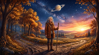 Wise person at a crossroads under starlit sky with Saturn visible representing the second Saturn return life transition