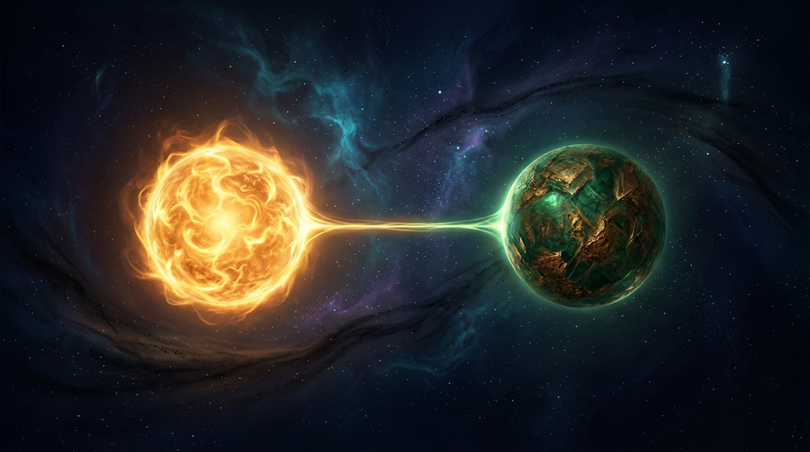 Golden flame orb and grounded emerald sphere locked in a stable orbit representing two fixed signs holding together