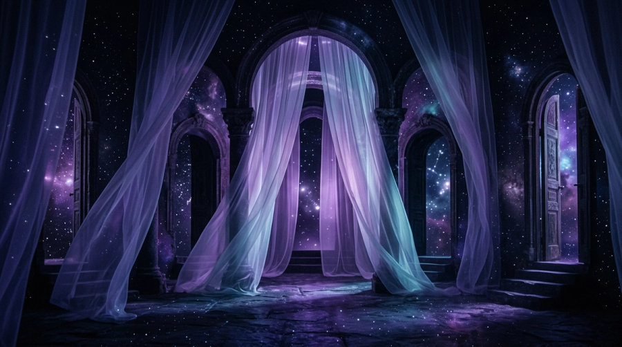 Veiled cosmic doorways representing the hidden chambers of the 12th house psyche