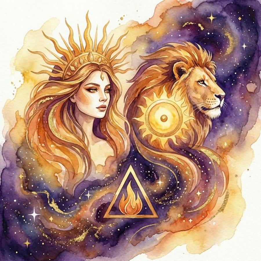 Leo woman zodiac traits infographic showing the Lioness, Sun rulership, fire element, and royal personality characteristics