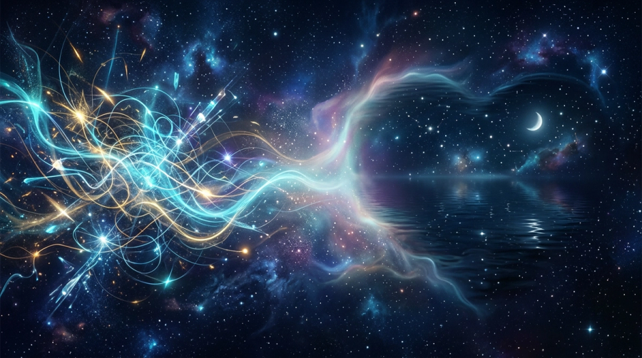 Bright airy light threads meeting a calm moonlit pool of stars symbolizing the Gemini Cancer cusp head and heart tension