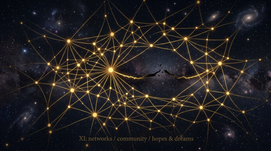 Network of cosmic threads with one thread disconnected representing chiron in 11th house wound