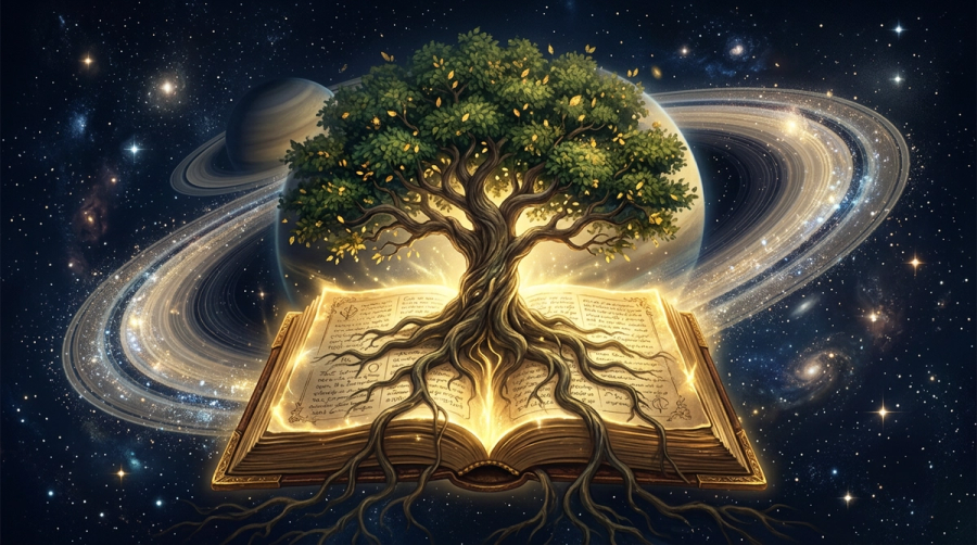 Tree of wisdom growing from an ancient book surrounded by Saturn rings representing accumulated life knowledge