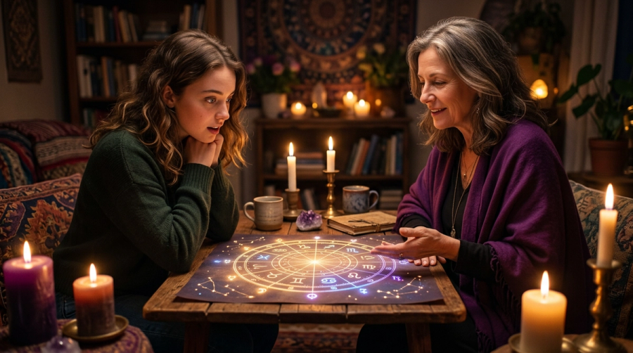 Person receiving personalized astrology reading on a tablet with birth chart data visible