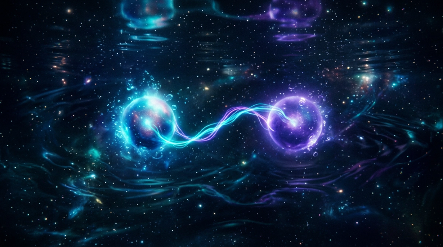 Two glowing orbs of light joined by a thread of energy in a dark cosmic ocean representing deep emotional intimacy