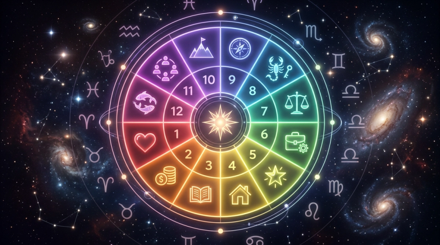 Twelve astrological houses diagram with life theme icons in cosmic space