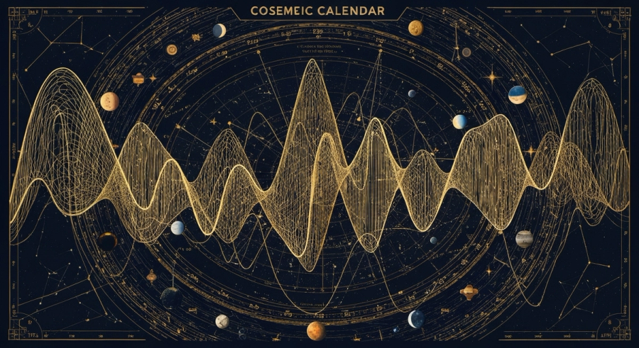 Визуализация циклов биоритмов с пиками и спадами на фоне космического календаря