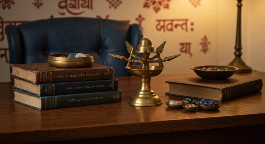 Рабочее место ведического астролога с драгоценными камнями и натальной картой для подбора камня по дате рождения