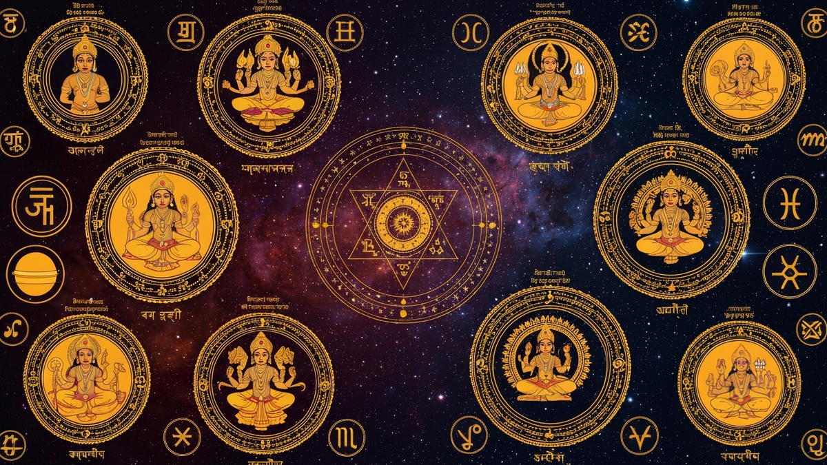 Джйотиш гороскоп - ведическая астрология мандала с санскритскими символами