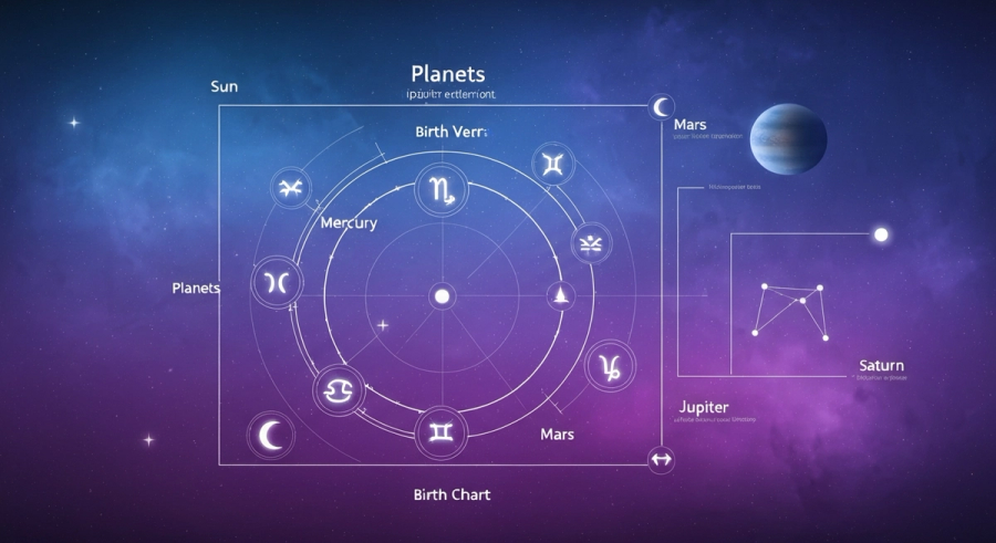 Birth chart components showing planets houses and zodiac signs in Vedic astrology layout