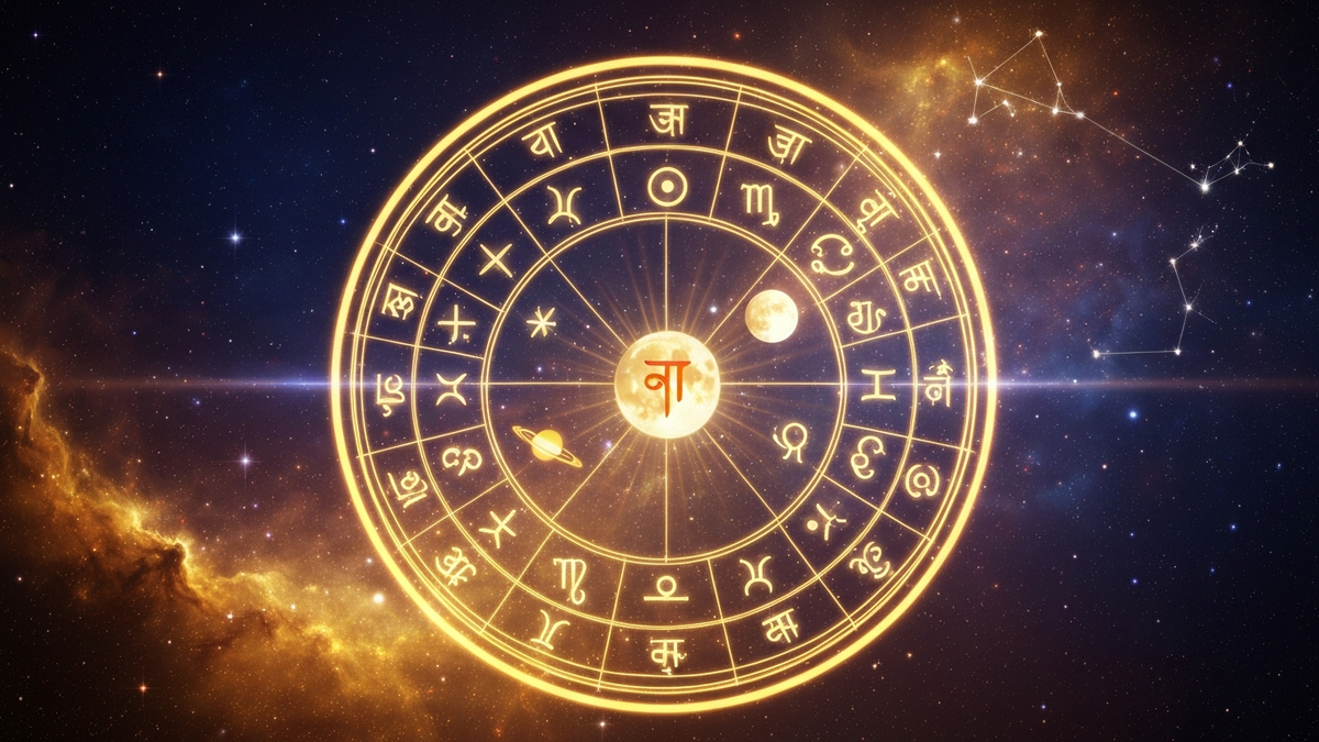 Ведическая астрология джйотиш - натальная карта с санскритскими символами в космосе