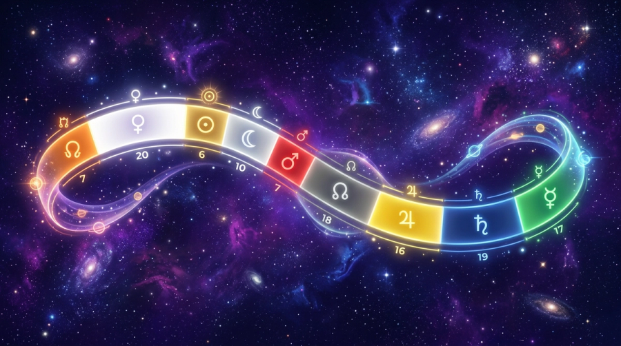 Vimshottari Dasha planetary timeline showing colored segments for each planetary period in Vedic astrology