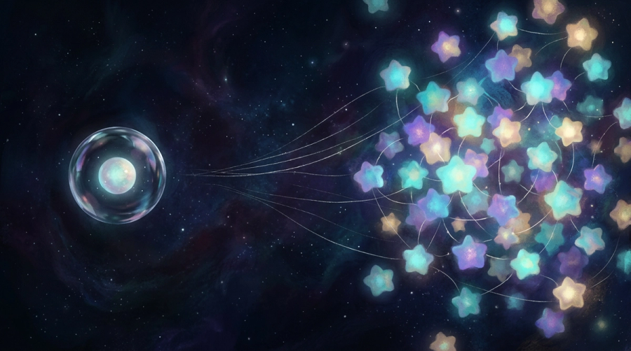 A single glowing orb sealed inside a crystalline bubble far from a cluster of star-orbs representing the felt sense of being alone in a full room