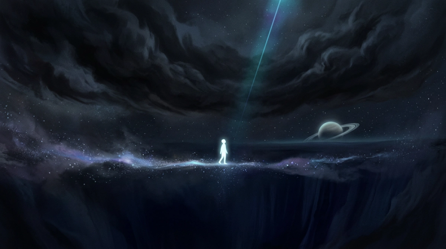 A solitary luminous figure paused on a narrow celestial threshold beneath a heavy night sky representing the felt sense of being stuck