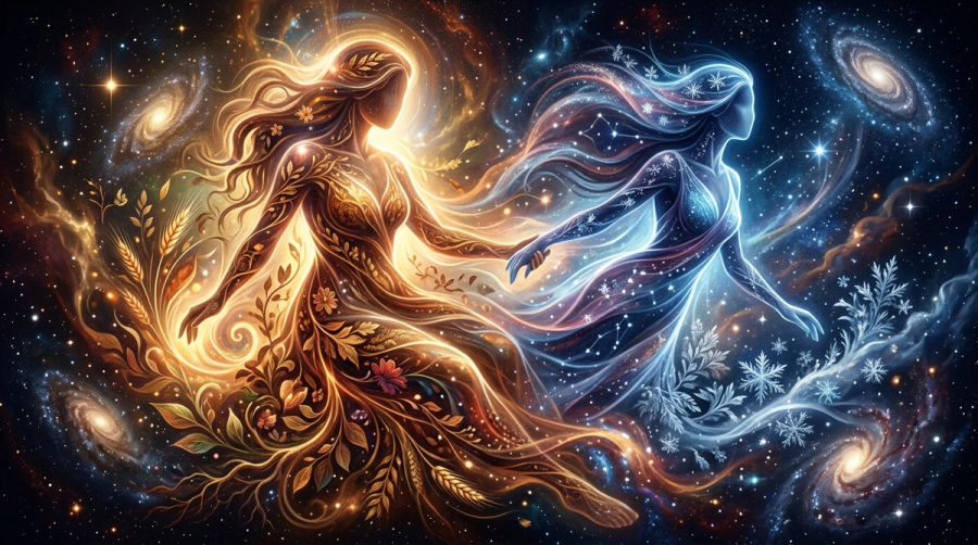 Virgo mythology — the Demeter-Persephone cycle of harvest and return represented in cosmic imagery