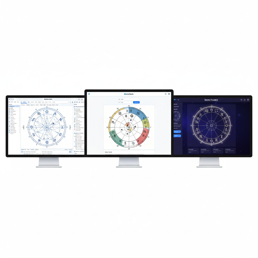 Макеты интерфейсов трёх сервисов (Astro.com, AstroSeek, Sanctuary) для наглядного сравнения дизайна и удобства