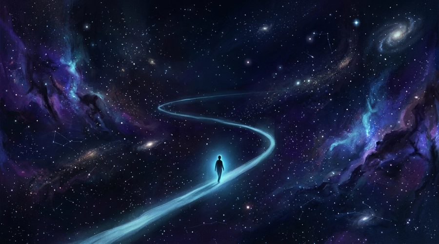 A small luminous figure walking a long path of soft light through a vast dark cosmos representing being mid passage through a saturn return
