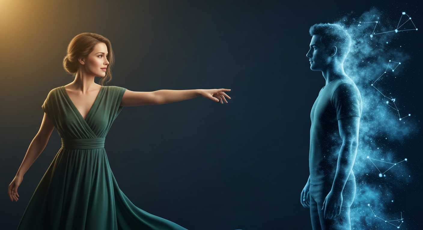 A woman reaching toward a partner dissolving into constellation mist