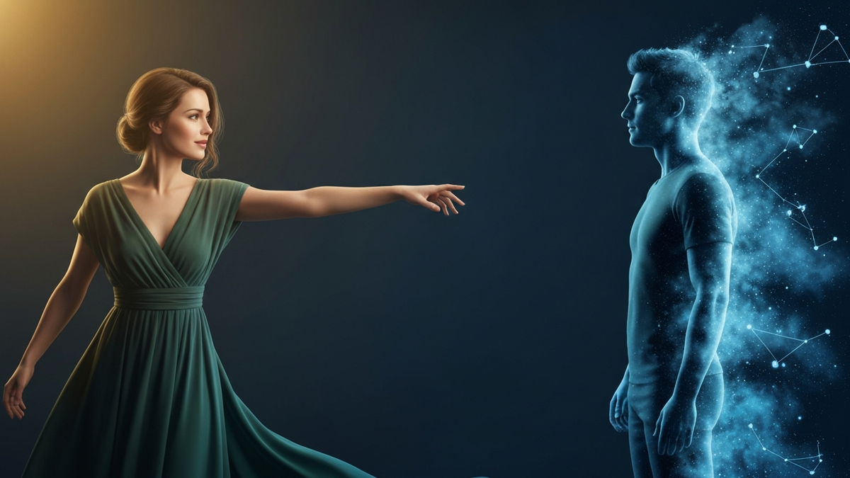 A woman reaching toward a partner dissolving into constellation mist