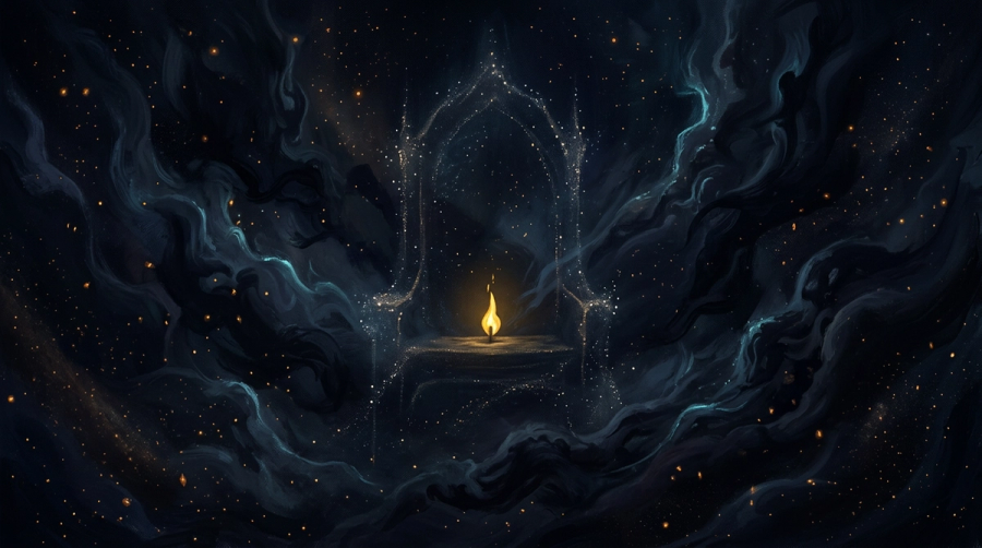 Solitary figure dimming a luminous heart-flame under a vast starlit sky representing the wound of being seen