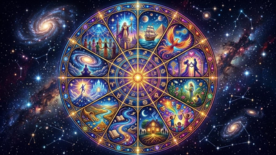 Astrological houses โ birth chart wheel with 12 glowing life-area segments against deep space