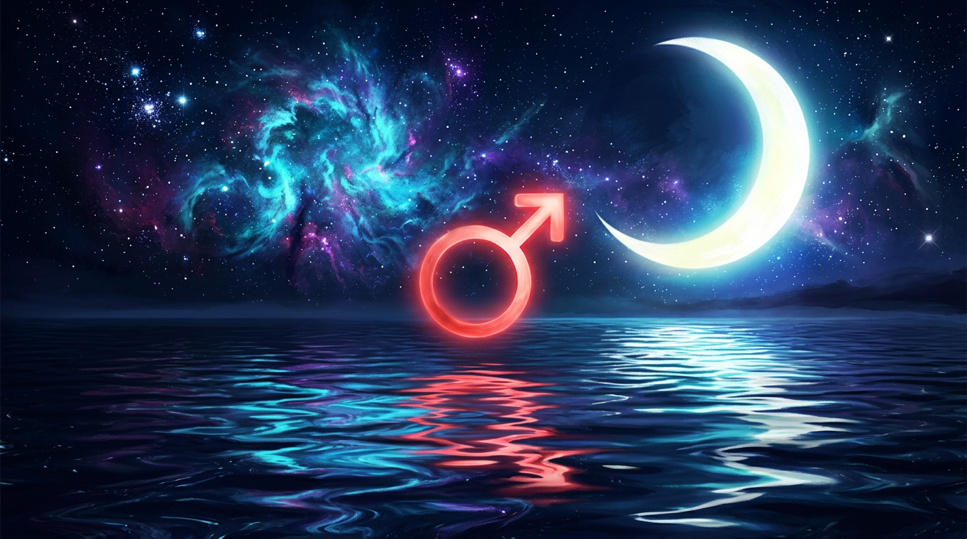 Red Mars glyph glowing over a moonlit dark ocean, symbolizing Mars in Cancer astrology