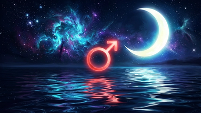 Red Mars glyph glowing over a moonlit dark ocean, symbolizing Mars in Cancer astrology