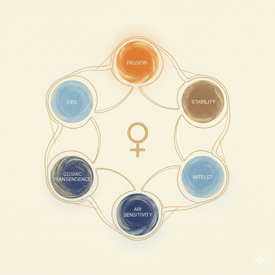 Схема Венеры и пяти типов привлечения в зависимости от знака в натальной карте