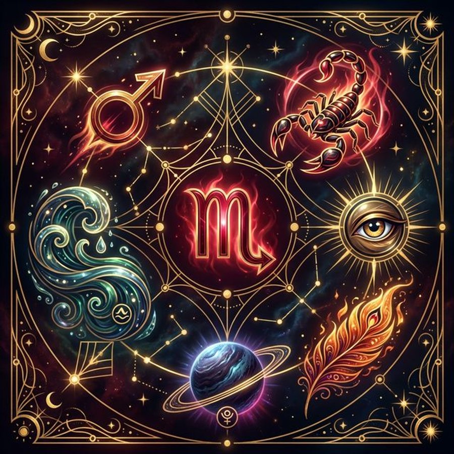 Scorpio zodiac symbol infographic showing the glyph, scorpion, eagle eye, phoenix feather, Pluto, water waves, and Mars symbol in crimson and gold cosmic art deco style