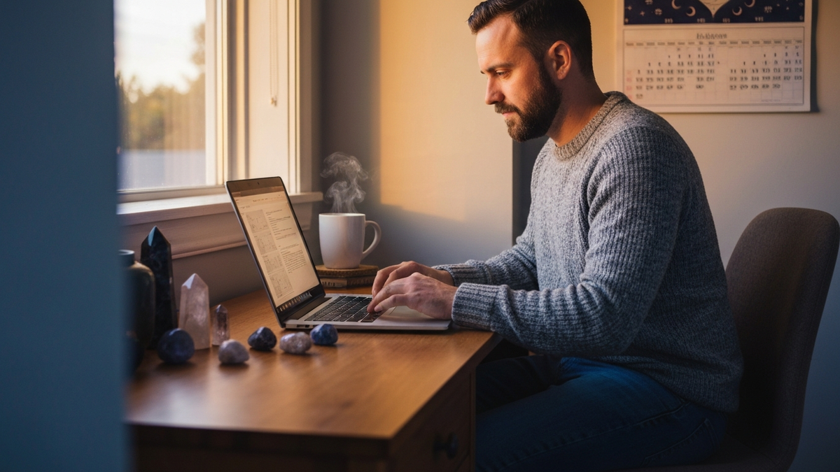 Best time for astrology reading - person at cozy desk with astrology chart on laptop, golden hour light, celestial calendar