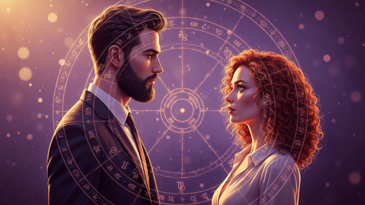 Тест на совместимость пары - два человека на фоне зодиакального круга