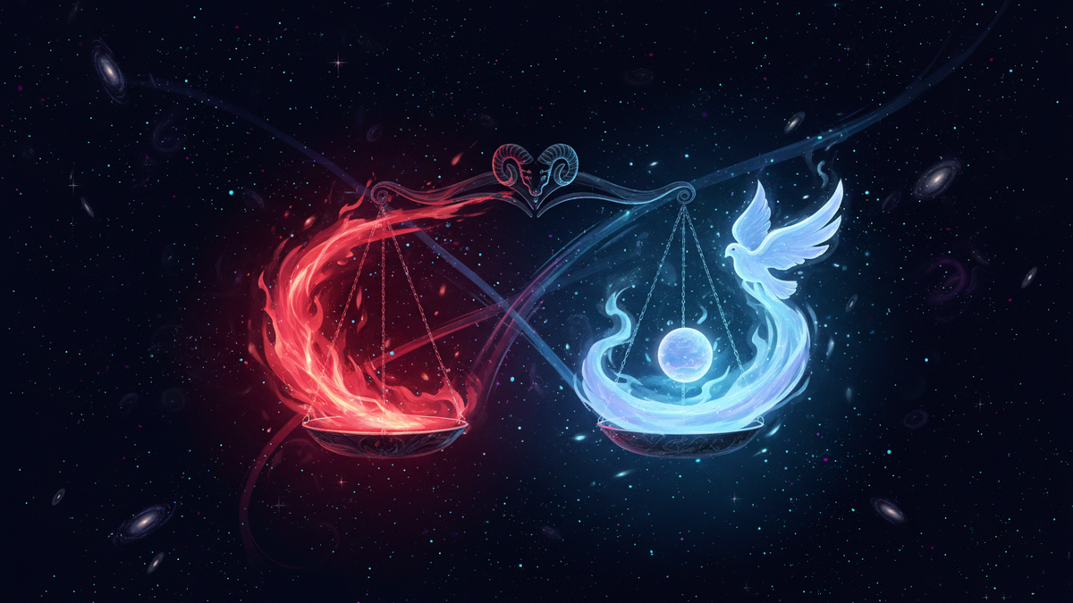 Aries Libra compatibility shown as two opposing red and rose-gold cosmic spheres in balance