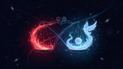 Aries Libra compatibility shown as two opposing red and rose-gold cosmic spheres in balance