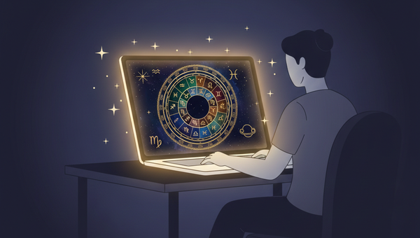 Иллюстрация: человек изучает натальную карту на экране компьютера, окружённая звёздами и астрологическими символами