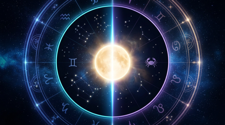 The Sun sitting precisely on the glowing threshold between two zodiac sectors representing being born on the cusp