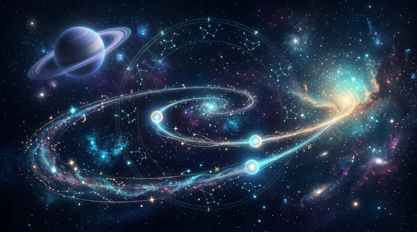 Two orbs of light drawing closer along a cosmic path, symbolizing how long to date before marriage