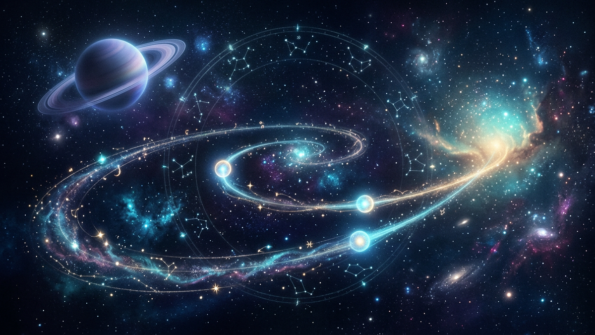 Two orbs of light drawing closer along a cosmic path, symbolizing how long to date before marriage
