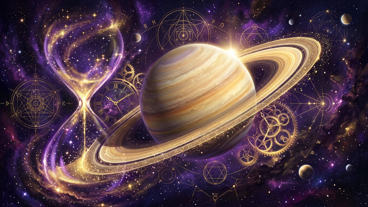 Majestic Saturn planet with golden rings surrounded by sacred geometry and time symbolism representing what Saturn means in astrology