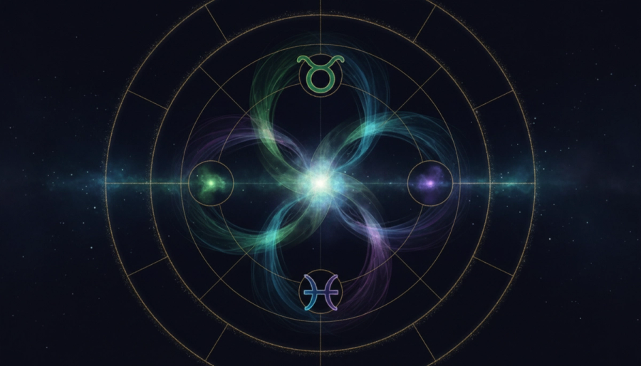 Taurus and Pisces glyphs connected by flowing light on an astrology wheel